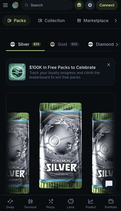 A screenshot of the Jupiter mobile app's "Packs" section showing Silver tier Pokémon trading card packs, with the headline "$100K in Free Packs to Celebrate" promoting a loyalty leaderboard event, directly tying into the post about Jupiter's expansion into the Pokémon Card RWA space via the Jupiter Gacha feature.