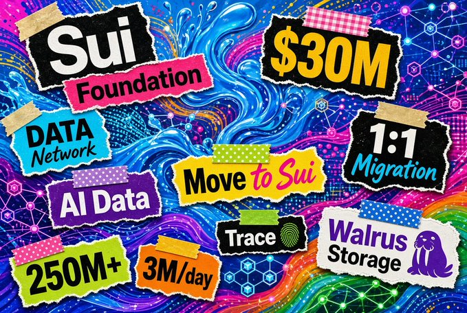 A colorful, collage-style graphic on a vibrant blue background highlights Sui Foundation features including '$30M', 'DATA Network', 'AI Data', 'Move to Sui', 'Trace', '1:1 Migration', '250M+', '3M/day', and 'Walrus Storage'.