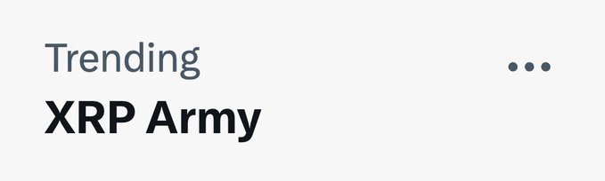 A screenshot showing "XRP Army" listed as a trending topic, which ties into the post's message welcoming XRP Army creators to an active community that supports its members through all market conditions.