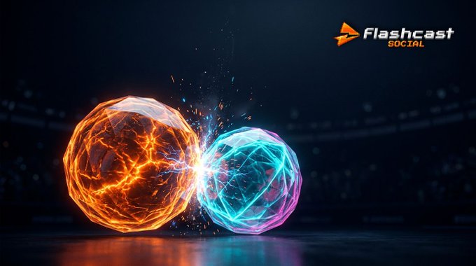 A Flashcast Social promotional graphic featuring two colliding energy spheres in orange and blue/cyan colors against a dark arena backdrop.