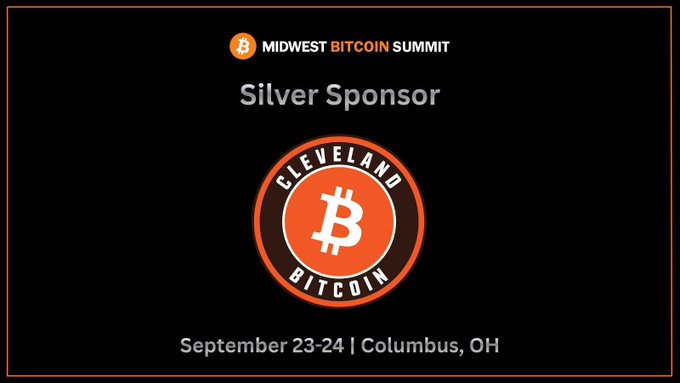 Promotional graphic for the Midwest Bitcoin Summit listing Cleveland Bitcoin as a Silver Sponsor, scheduled for September 23-24 in Columbus, OH.