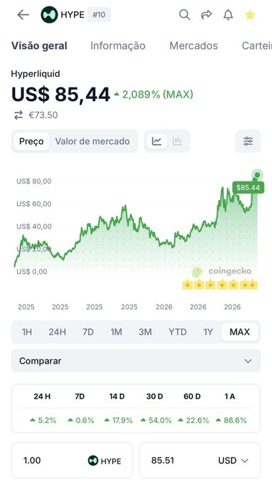 CoinGecko 'Visão geral' (Overview) page for the HYPE token (#10) on the Hyperliquid network, showing a price of US$ 85.44, a 2,089% all-time high increase, and various percentage gains across different timeframes.