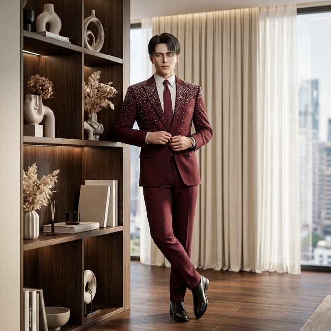 A stylish man in a burgundy embellished suit poses confidently in a modern, elegantly decorated room with warm wood shelving and a city skyline view. The image complements the motivational post by embodying professionalism, confidence, and readiness to tackle a new week with purpose and style.