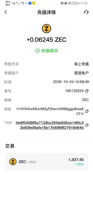 A mobile phone screenshot displays a successful crypto deposit of +0.06245 ZEC (充值成功), with the time listed as 2026-10-04 10:58:49 and showing ZEC/USDT trading at 1,307.45.