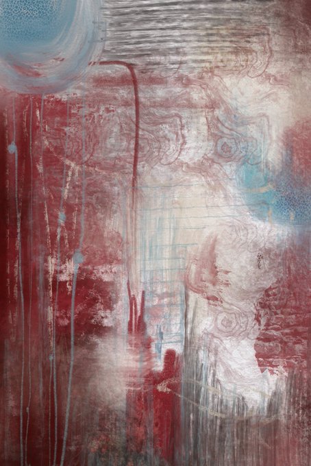 An abstract mixed-media painting features a textured composition of deep crimson, white, and turquoise blue hues with dripping paint effects and swirling patterns. The artwork serves as a visual showcase of the artist's abstract style, highlighting one of the three editions sold in the collaboration with HopixETH.