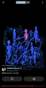 A mobile screenshot shows a TikTok video from user '@bbloomed' titled 'Custom Horror' with 152 likes, featuring a dark blue pixelated animation of figures and '989 reserve · lot 4/6' text at the bottom.