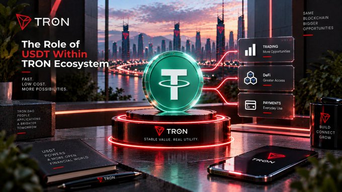 A promotional graphic for TRON titled 'The Role of USDT Within TRON Ecosystem,' featuring a glowing green USDT coin on a pedestal with the TRON logo, alongside sections labeled 'TRADING,' 'DeFi,' and 'PAYMENTS.'