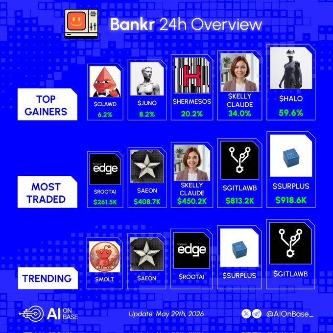 The image shows a blue background with white text that reads "Bankr 24h Overview" at the top, followed by a list of various bank names and their gains or losses over the past 24 hours. The text also includes some numbers and symbols related to trading data. In total, there are 13 bank names listed in the image, each accompanied by a symbol representing its gain or loss during the last 24 hours.