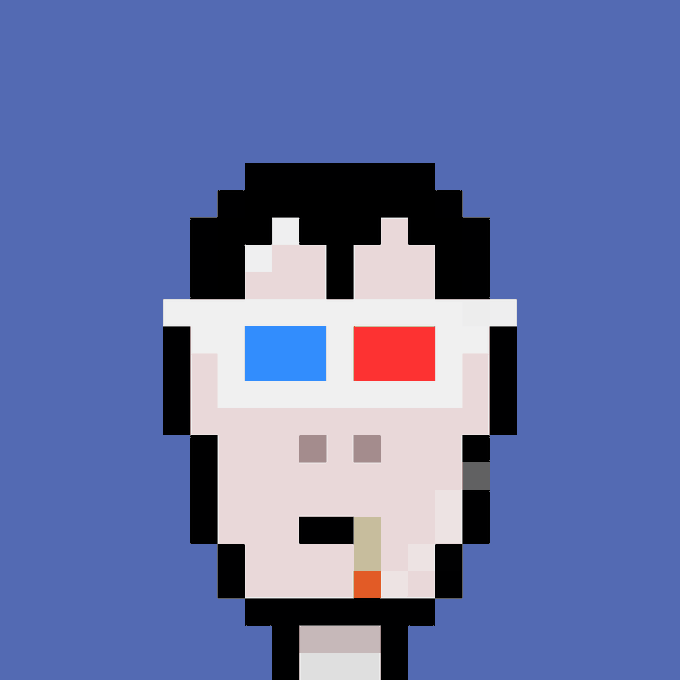Pixel art NFT portrait of a pale character with black hair, a blue and red eye, and a cigarette, set against a blue background.