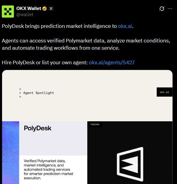 A tweet from OKX Wallet (@wallet) spotlights PolyDesk as an Agent Spotlight partner at okx.ai/agents/5427, describing it as a service providing verified Polymarket data, market intelligence, and automated trading workflows for AI agents. The accompanying post confirms the collaboration, highlighting PolyDesk's ability to stream Polymarket odds and execute on-chain trades, bridging AI agents with prediction market data—matching the image's emphasis on verified Polymarket data and automated trading for smarter execution.
