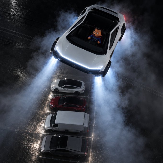 An aerial view of a white futuristic vehicle with bright headlights emerging from smoke, parked above a row of smaller cars on a wet road.