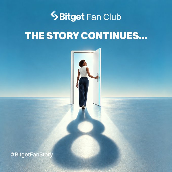 A woman walks through an open door into bright light against a blue background, with the Bitget Fan Club logo and the text "THE STORY CONTINUES..." displayed above her. The hashtag #BitgetFanStory appears in the corner, visually reinforcing the post's message of an upcoming new chapter in the fan story, coinciding with Bitget's 8th anniversary milestone.