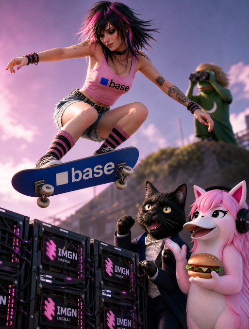 A digital art scene features a pink-haired woman performing a skateboard trick on a ramp displaying 'base' branding, with servers marked 'IMGN' below and anthropomorphic cat and pink fox characters cheering alongside.