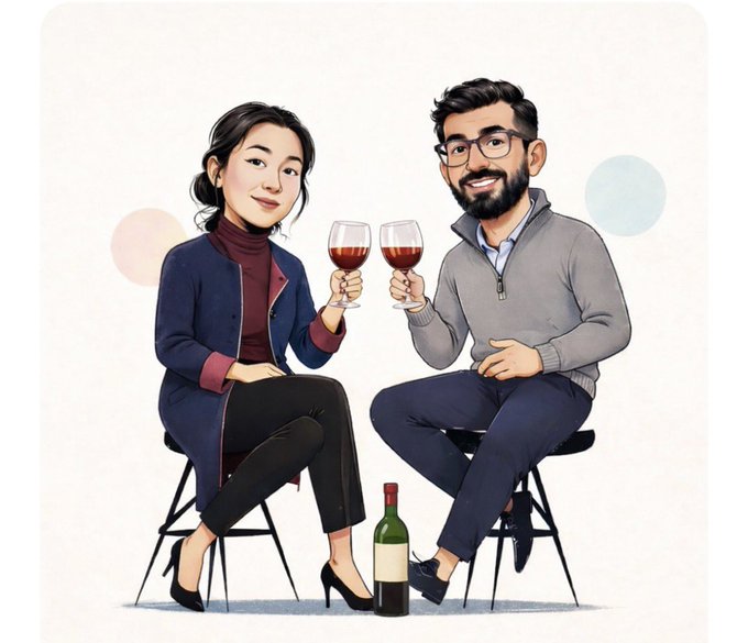 A stylized digital illustration depicts a man and woman seated, clinking wine glasses with a wine bottle on the floor between them.