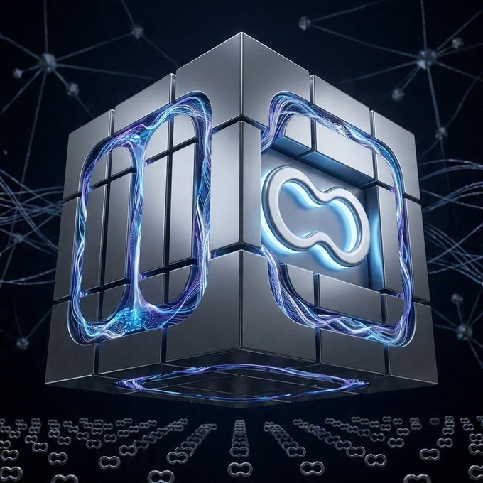 A futuristic 3D rendering of a metallic cube with glowing blue energy wrapped around it, featuring a wavy blue logo on one face, set against a network of connected nodes.