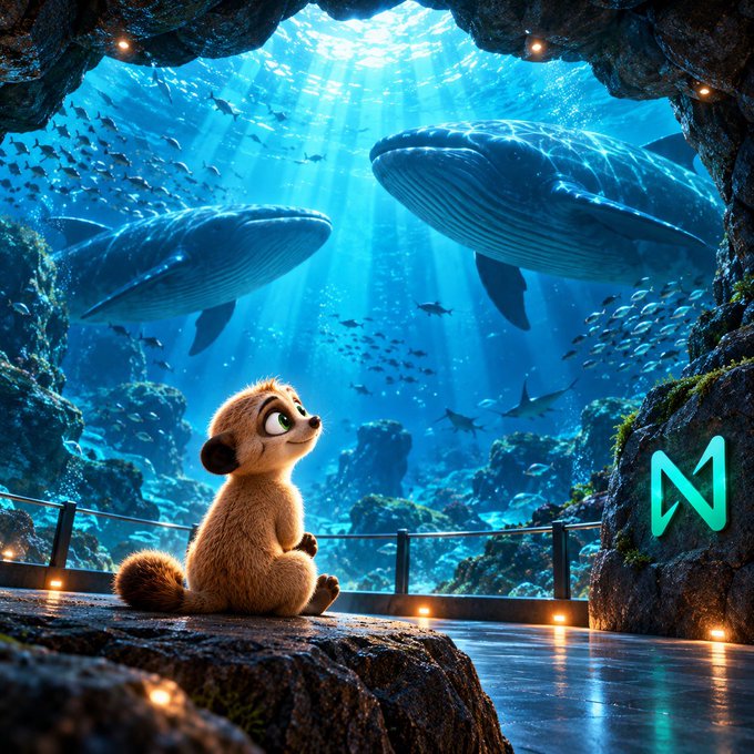 A cute animated meerkat sits in an underwater cave looking up at two large whales swimming above in a sunbeam-filled ocean, with a teal 'N' logo on the right.