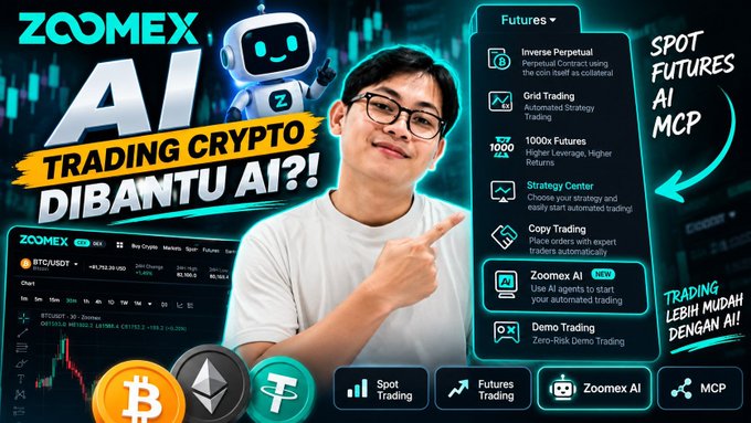 A YouTube thumbnail featuring a man pointing to a smartphone screen displaying the Zoomex crypto trading app, with text reading 'AI TRADING CRYPTO DIBANTU AI?!', 'SPOT FUTURES AI MCP', and a 'BETA' tag on ZoomEx AI.