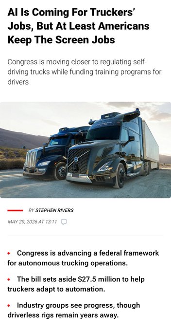 The image shows two semi-trucks parked next to each other, with a text box below them that reads "AI is coming for truckers' jobs but at least Americans keep the screen jobs." The trucks are positioned side by side, facing opposite directions, and they appear to be in good condition. The text box provides context about the image's content and its relation to the post on the website.