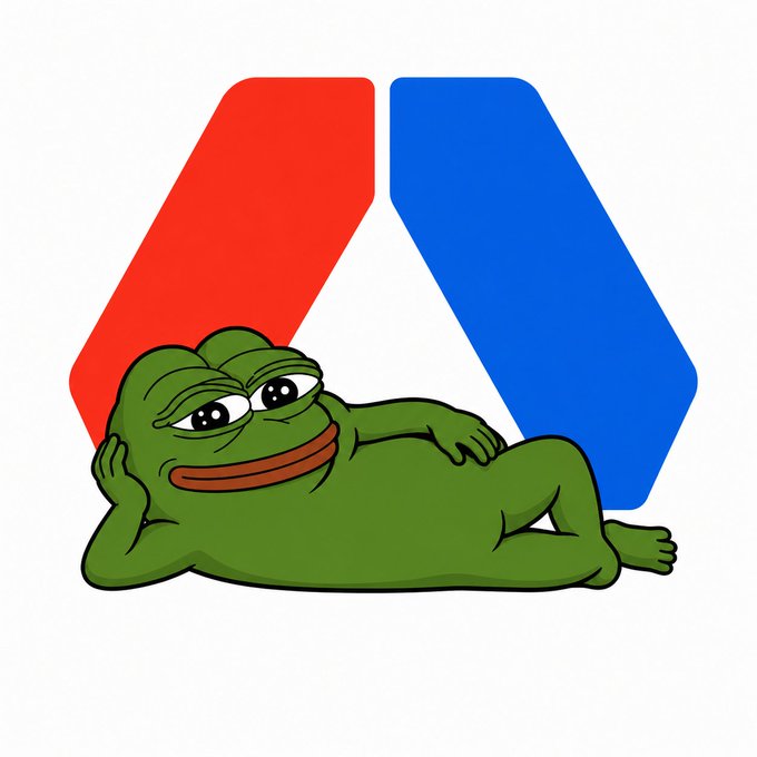 The Pepe the Frog meme character reclining in front of a red and blue logo.
