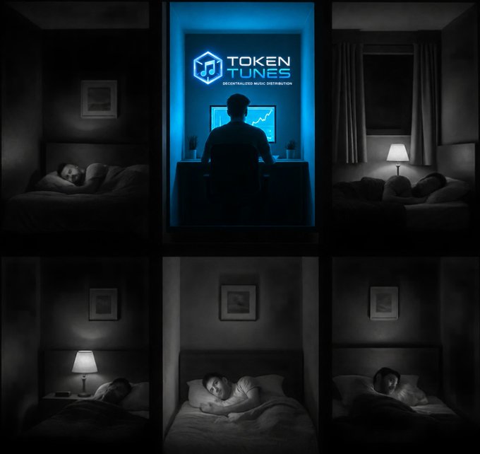 A six-panel grid shows five sleeping people in dimly lit bedrooms, contrasted with one central panel where a person works at a brightly lit computer displaying the 'TOKEN TUNES - DECENTRALIZED MUSIC DISTRIBUTION' logo.