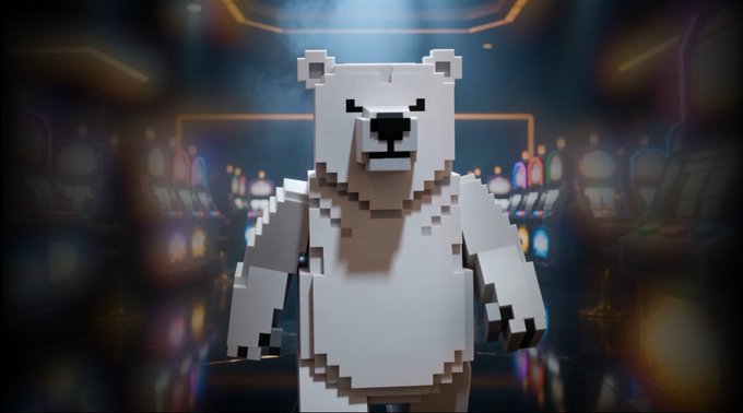 A blocky, pixelated polar bear character stands in front of a brightly lit arcade with rows of slot machines in the background.