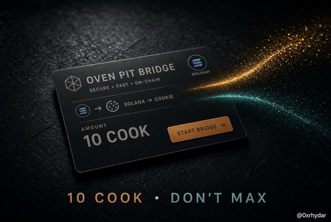 A promotional graphic for 'OVEN PIT BRIDGE' shows a digital card interface for bridging Solana to Cookie with an amount of 10 COOK, accompanied by the tagline '10 COOK • DON'T MAX'.
