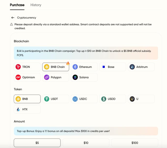 The image shows a screenshot of a website that displays information about participating in an @BNBCHAIN campaign for cryptocurrency. The main focus of the image is a form where users can deposit money into their account, with options such as BNB Chain Unlock or B.AI 1:1 Deposit Match Credits bonus. There are also other options available on the website, including tokens and USDC.