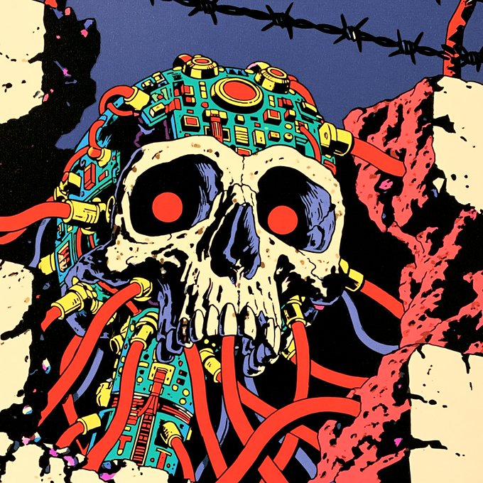 A vibrant, stylized illustration of a skull with glowing red eyes, entangled in colorful circuit boards, cables, and wires, with barbed wire visible at the top.