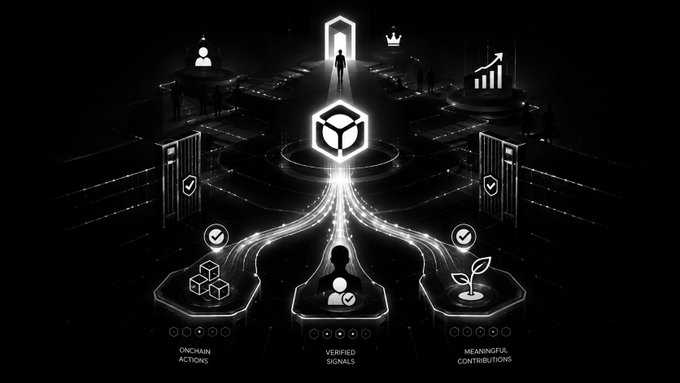 A futuristic dark dashboard visualization showing a central hexagonal logo connecting to three labeled categories: 'ONCHAIN ACTIONS', 'VERIFIED SIGNALS', and 'MEANINGFUL CONTRIBUTIONS'.