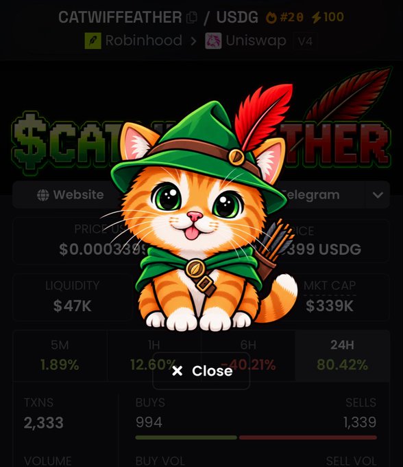 A cute orange tabby cat mascot wearing a green Robinhood-style hat with red feathers appears over a cryptocurrency trading dashboard for "CATWIFFEATHER/USDG," showing metrics like a $339K cap, 80.42% 24H gain, and 994 buys vs 1,339 sells on Uniswap V4—visually fitting the "BabyDoge but a cat" comparison with its cartoon pet mascot branding on a Robinhood/Uniswap-themed meme coin page.