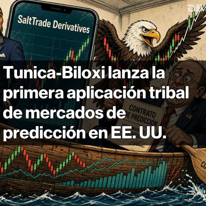 A cartoon-style illustration showing an eagle perched on a boat with stock charts, a phone displaying "SaltTrade Derivatives," and a stressed man holding a "CONTRATO DE PREDICCIÓN" document, with Spanish text announcing that Tunica-Biloxi launches the first tribal prediction markets app in the U.S.