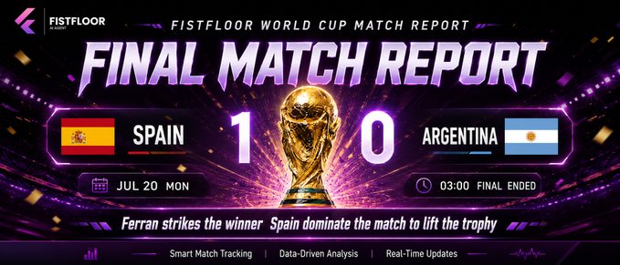 A Fistfloor World Cup match report graphic showing Spain defeating Argentina 1-0, with the headline 'Ferran strikes the winner Spain dominate the match to lift the trophy' and a World Cup trophy illustration.
