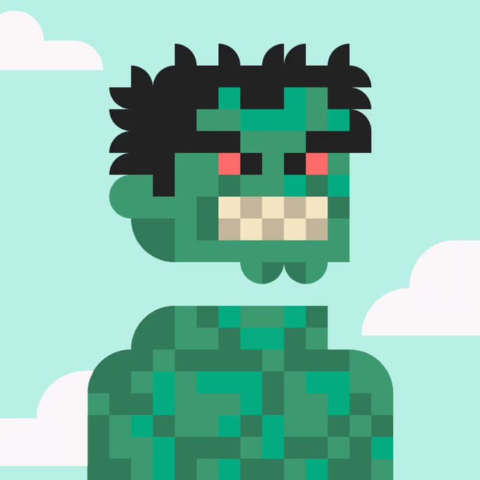 A pixel-art style illustration of a green-skinned character with dark spiky hair, red pupils, and a wide toothy grin, set against a light blue sky with clouds.