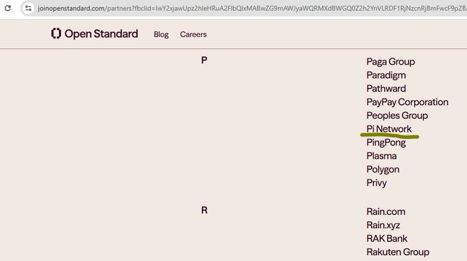 The image shows a portion of the Open Standard website's partners page, displaying an alphabetical list of member organizations including Paga Group, Paradigm, Pi Network (underlined in yellow), Polygon, Rain.com, and RAK Bank, illustrating the broad coalition of financial and crypto companies participating in the Open-Standard stablecoin alliance behind the newly launched Open USD (OUSD).