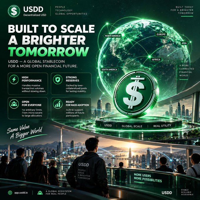 A promotional poster for USDD stablecoin featuring "BUILT TO SCALE A BRIGHTER TOMORROW" with a glowing green Earth graphic and various features like High Performance, Strong Reserves, and Open for Everyone.