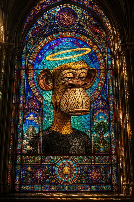 A vibrant stained glass window depicting a Bored Ape-style monkey with a golden halo, set within an ornate gothic cathedral frame featuring religious and nature imagery.