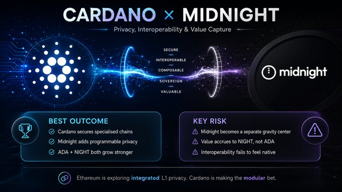 An infographic titled 'CARDANO x MIDNIGHT' explaining Privacy, Interoperability & Value Capture, with sections on Best Outcome and Key Risk comparing modular vs integrated L1 privacy approaches.