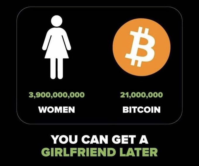 An infographic compares 3,900,000,000 women to 21,000,000 bitcoin with the caption "YOU CAN GET A GIRLFRIEND LATER."