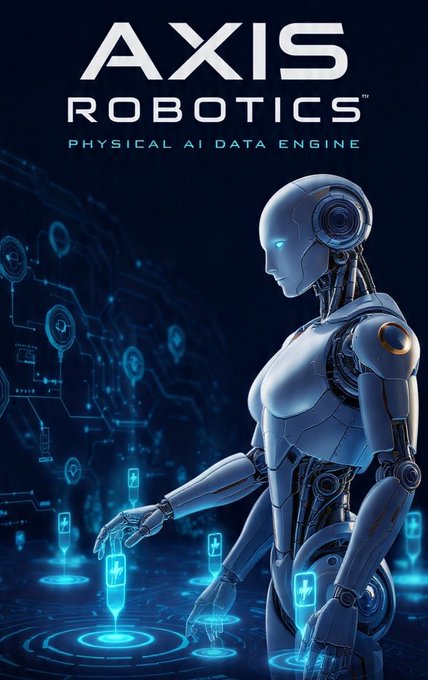 Promotional poster for "AXIS ROBOTICS" featuring the tagline "PHYSICAL AI DATA ENGINE," showing a sleek humanoid robot interacting with glowing blue holographic interface panels.