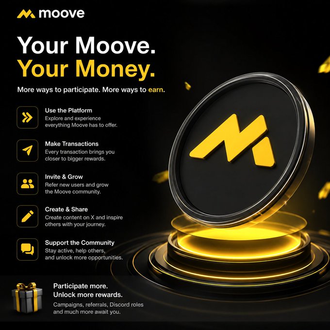 A promotional graphic for 'Moove' cryptocurrency with the tagline 'Your Moove. Your Money.' and a gold coin logo, listing participation options like transactions, referrals, and content creation.