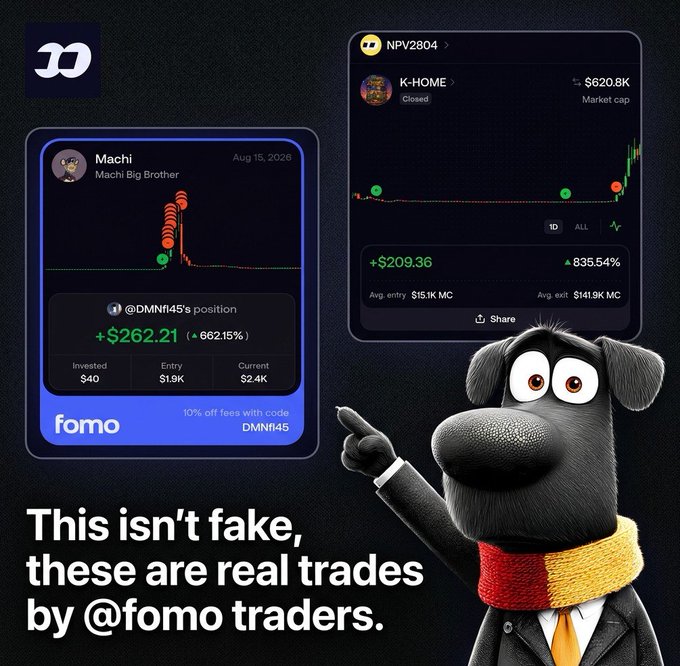 Promotional graphic with a dog character pointing to crypto trade charts. Text reads 'This isn't fake, these are real trades by @fomo traders.' Trades shown include 'Machi' ($262.21 profit, 662.15%) and 'NPV2804' ($209.36 profit, 835.54%), with a promo code 'DMN145' offering '10% off fees'.