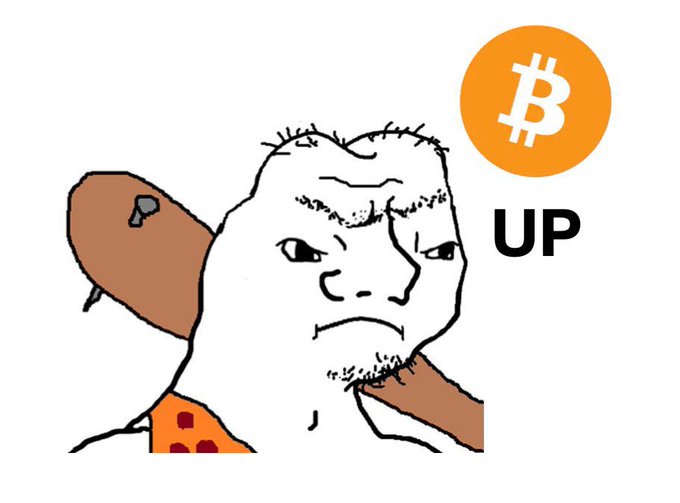 A Wojak meme character holding a bat alongside a Bitcoin logo with the text 'UP', suggesting Bitcoin's price is going up.