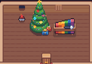 A top-down pixel art scene shows a decorated Christmas tree with presents, next to a bed, in a wooden-floored room.