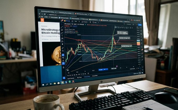 A computer monitor displays a MicroStrategy Bitcoin Holding webpage alongside a TradingView Bitcoin price chart with technical analysis annotations.