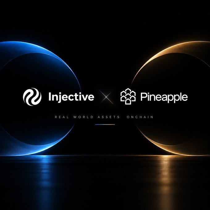 A promotional graphic for a partnership between Injective and Pineapple featuring the tagline 'REAL WORLD ASSETS ONCHAIN' against a dark background with blue and gold circular designs.