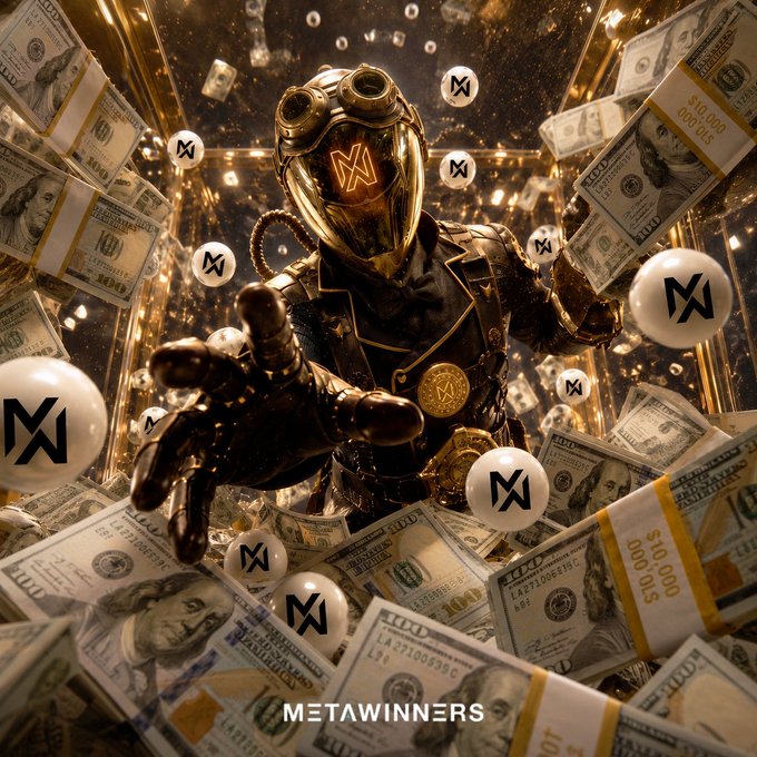 A promotional graphic for METAWINNERS featuring a gold-armored helmeted figure with an X logo on its visor, surrounded by floating cash bundles and orbs with the M/X logo, set against a gold-tinted background.