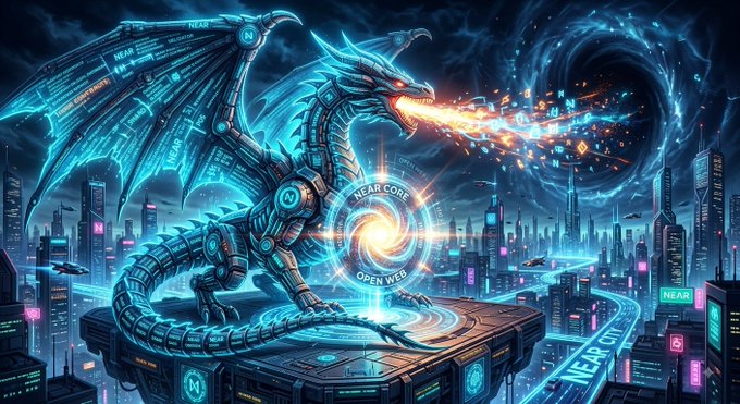 A vibrant digital artwork depicting a cybernetic dragon with glowing blue scales standing atop a futuristic cityscape at night, breathing energy toward a swirling portal labeled 'NEAR CORE' and 'OPEN WEB' with 'NEAR CITY' visible below.