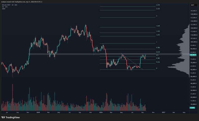 A TradingView candlestick chart of Bitcoin (BTC/USDT) on the 1-day timeframe shows price action rallying to test the Fibonacci 0.618 retracement zone near $96,261, with a horizontal blue support line marking the short-term target around 81k, consistent with the bullish setup described in the caption.