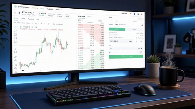 A curved monitor displays the SynFutures trading platform showing the ETH/USDC pair with a price of 2,499.1, featuring candlestick charts and an order book interface, complemented by a mechanical keyboard, gaming mouse, and steaming coffee mug on a modern desk setup—visually reinforcing the platform's 24/7 availability for crypto trading when traditional markets are closed.