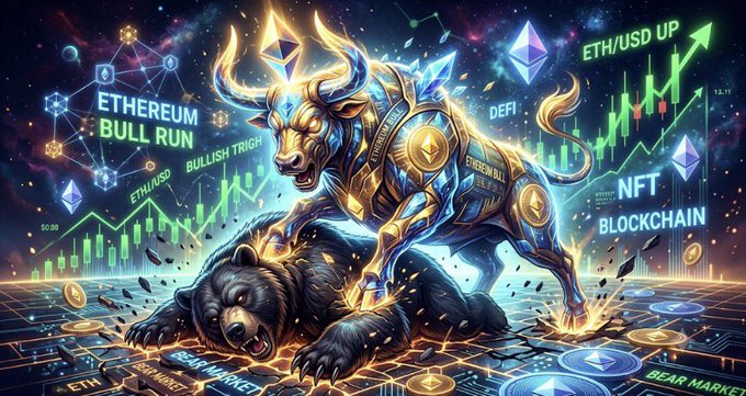 A vibrant digital illustration depicts a mechanical bull standing triumphantly over a fallen bear, symbolizing an Ethereum bull run, with text overlays including 'ETHEREUM BULL RUN', 'BULLISH TREND', 'ETH/USD UP', 'NFT', 'DEFI', 'BLOCKCHAIN', and 'BEAR MARKET' alongside Ethereum logos and candlestick charts.